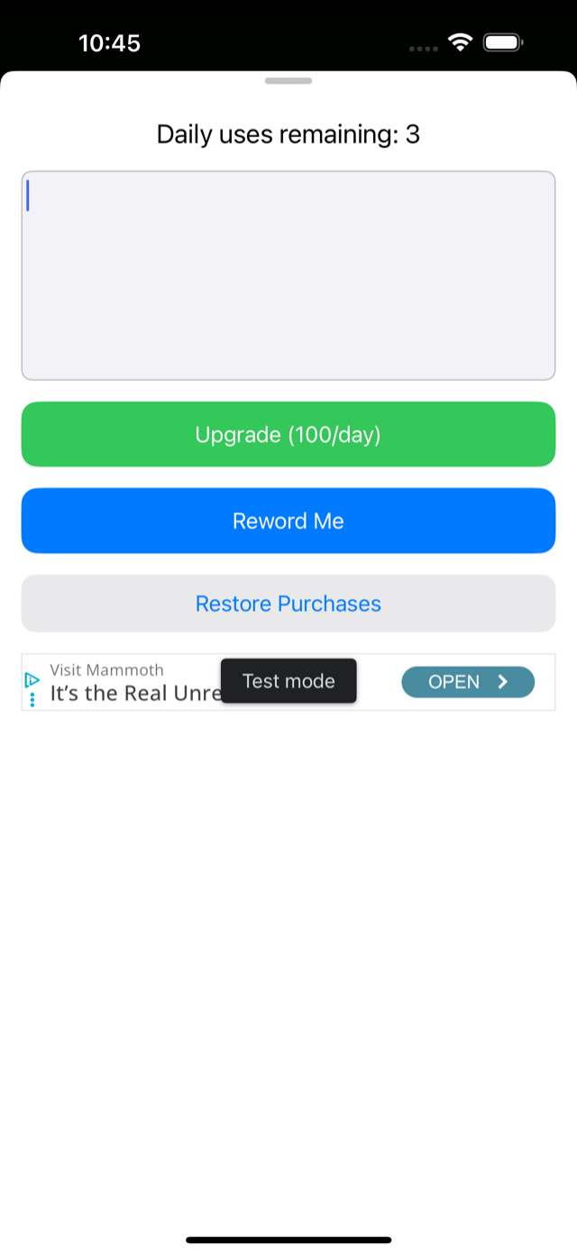 Reword Me home screen showing 3 free daily uses remaining and the upgrade option