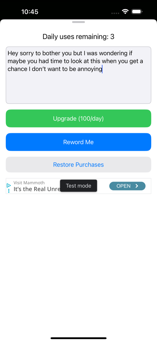 Reword Me extension open inside iMessage with an awkward draft message typed in