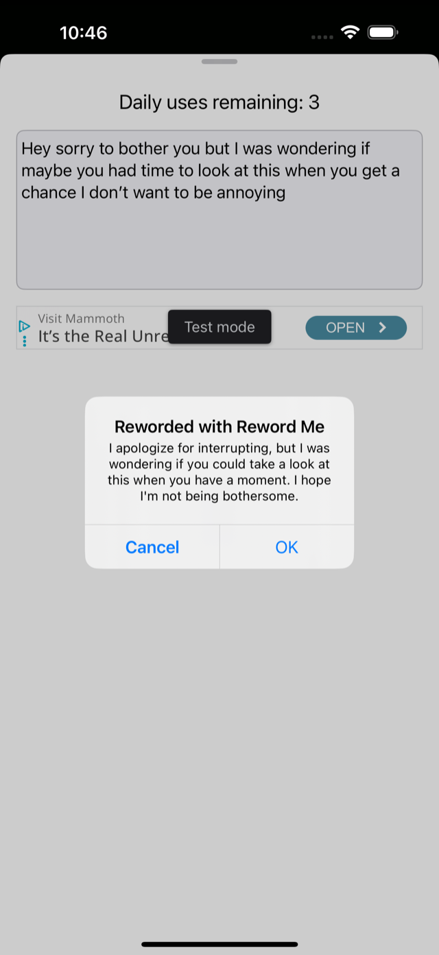Reword Me showing the rewritten, clearer version of the message for approval