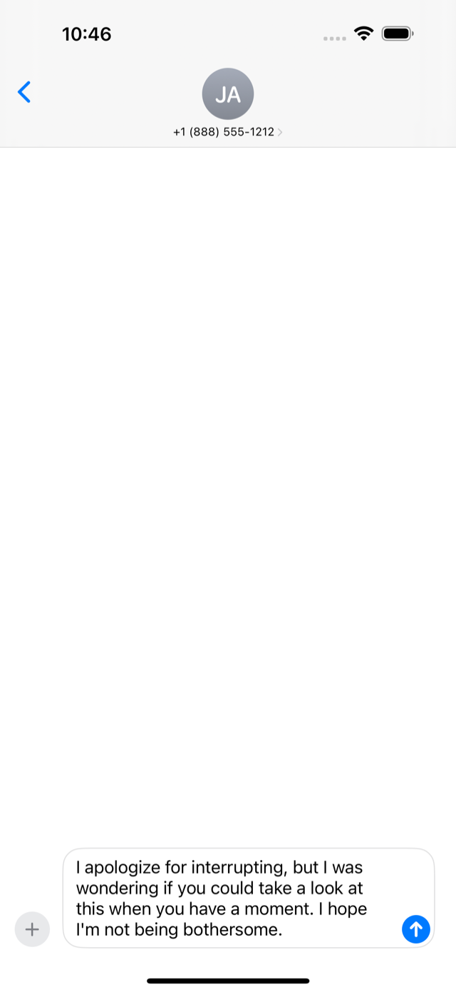 The reworded message placed in the iMessage text field, ready to send